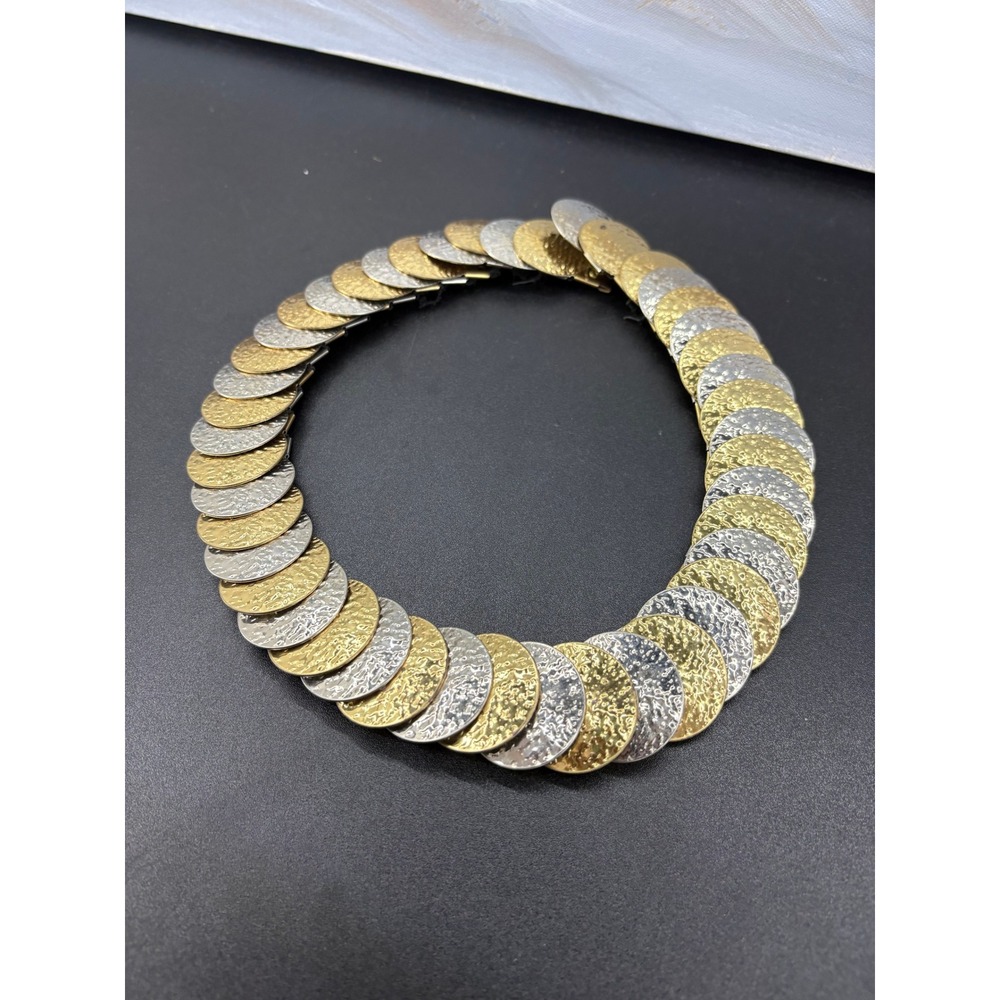 Vintage Two Tone Hammered Coin Disc Elastic Stretch Belt Gold Silver Made in USA - Picture 2 of 7